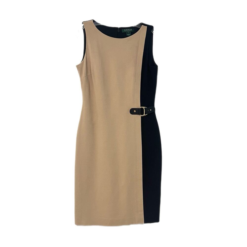 Lauren Ralph Lauren Tan Black Colorblock Buckle Sheath Dress Womens 6 Old Money